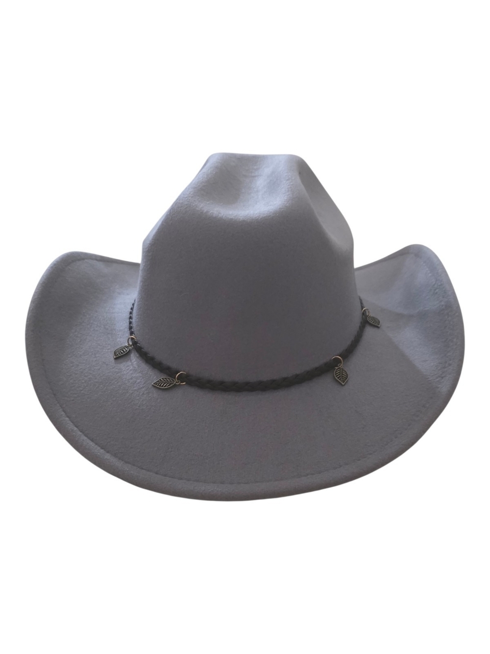 Alexis Bendell Gray Felt Western Cowboy Hat with Braided Leaf Accent
